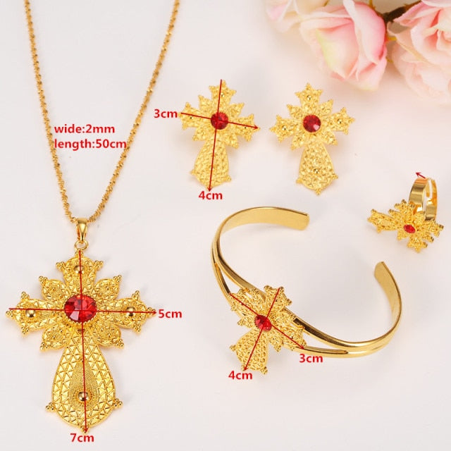 Ethiopian Rhinestone Cross Gold Color Jewelry Set