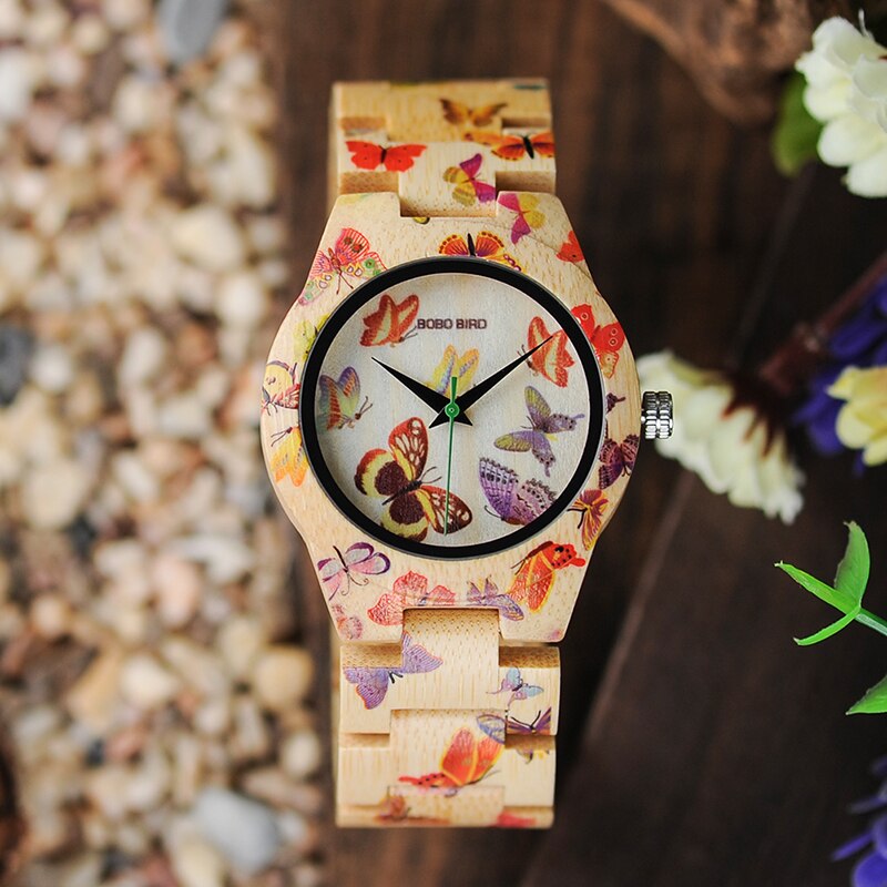 Butterfly Print Women Watches All Bamboo Made Quartz Wristwatch