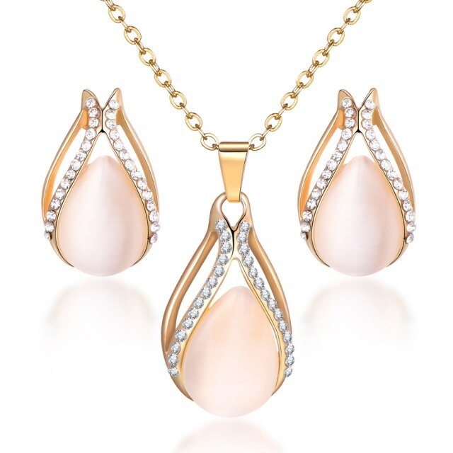 Gold Color Crystal Cat Eye Opals Engagement Jewelry Sets