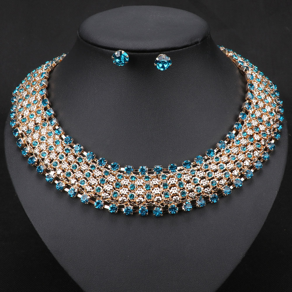 Vintage Choker Collar Gold Color Chain Crystal Necklace Earrings Jewelry Sets