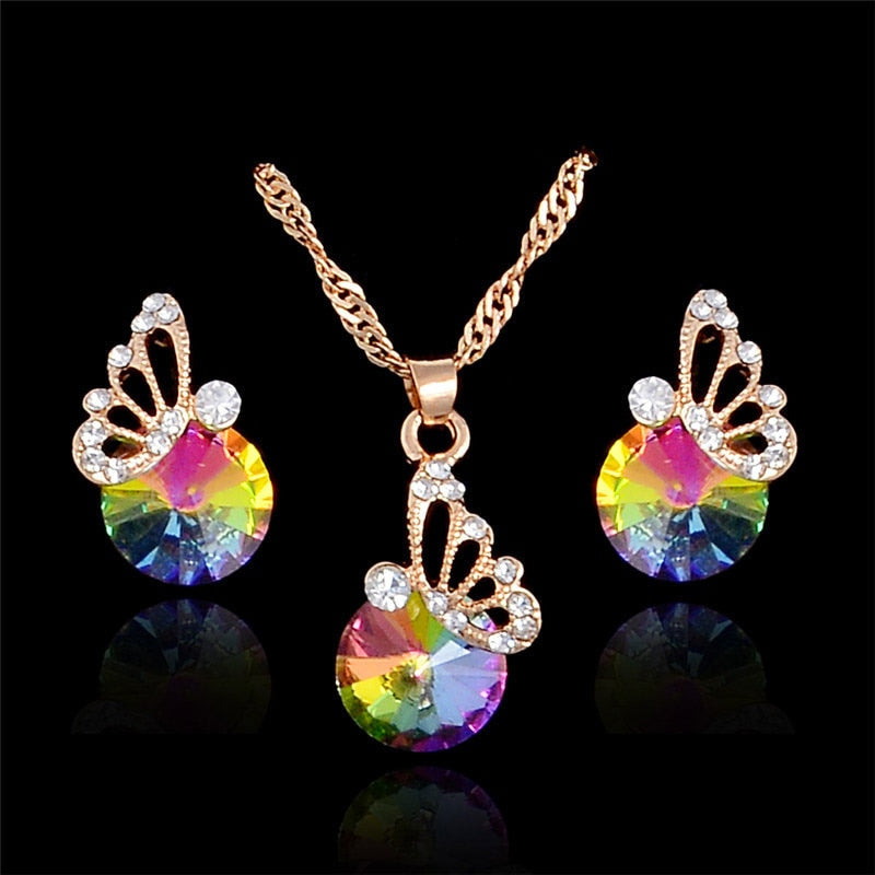 Gold Filled Colorful Austrian Crystal Earrings Necklace Drop Jewelry Sets