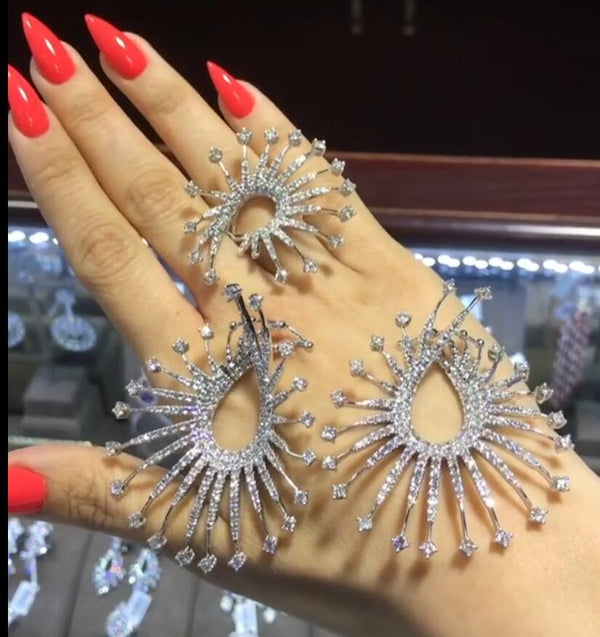 Luxury Fireworks Star Lights Full Micro Cubic Zirconia Engagement Earring Ring Jewelry Set