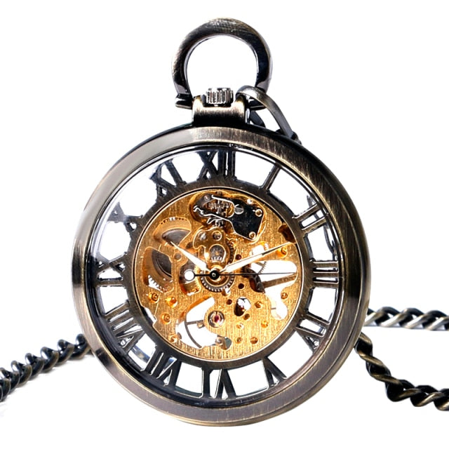 Transparent Open Face Hollow Skeleton Mechanical Pocket Watch
