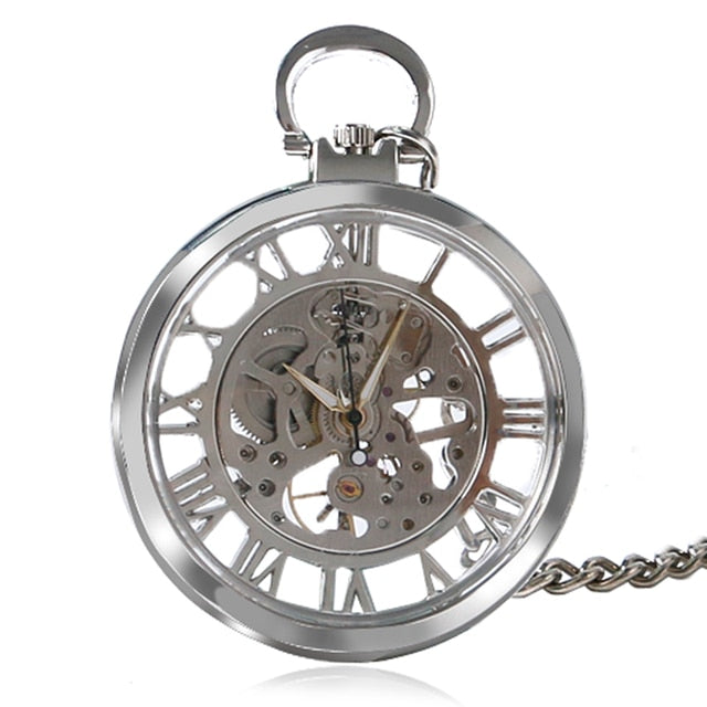 Transparent Open Face Hollow Skeleton Mechanical Pocket Watch