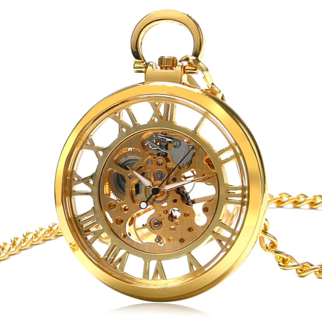 Transparent Open Face Hollow Skeleton Mechanical Pocket Watch