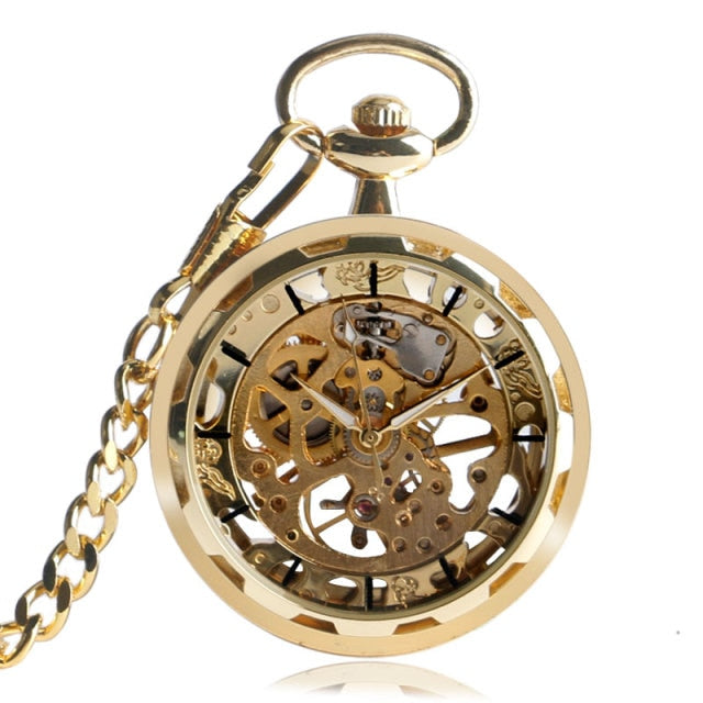 Transparent Open Face Hollow Skeleton Mechanical Pocket Watch