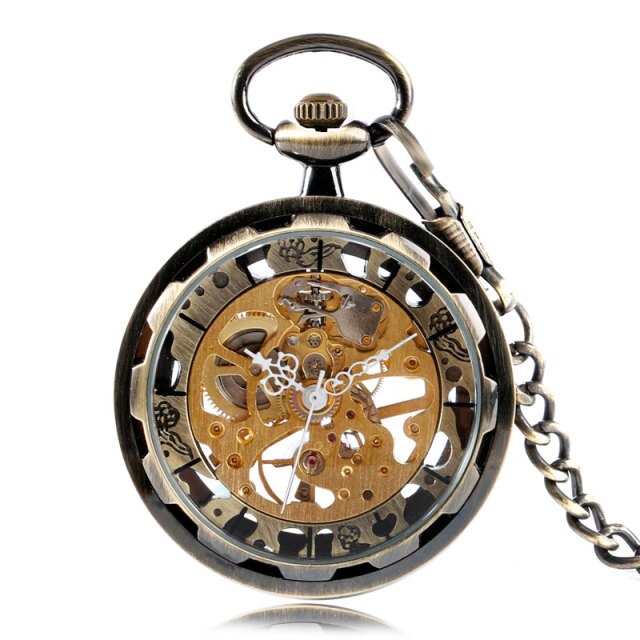 Transparent Open Face Hollow Skeleton Mechanical Pocket Watch