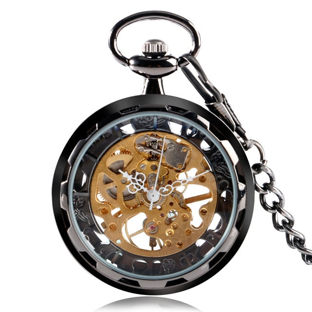 Transparent Open Face Hollow Skeleton Mechanical Pocket Watch
