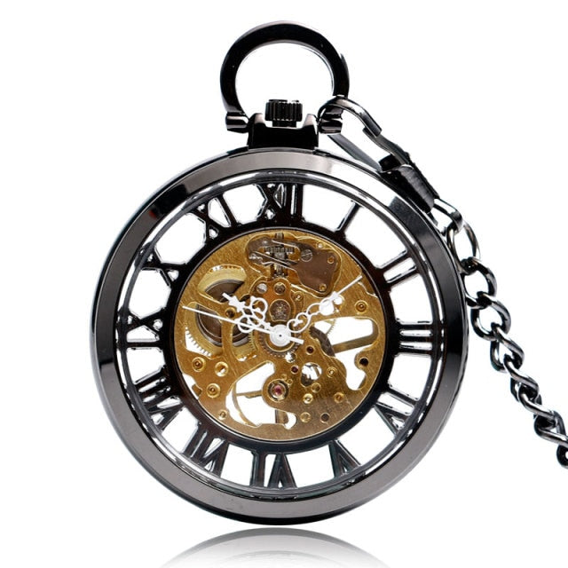 Transparent Open Face Hollow Skeleton Mechanical Pocket Watch