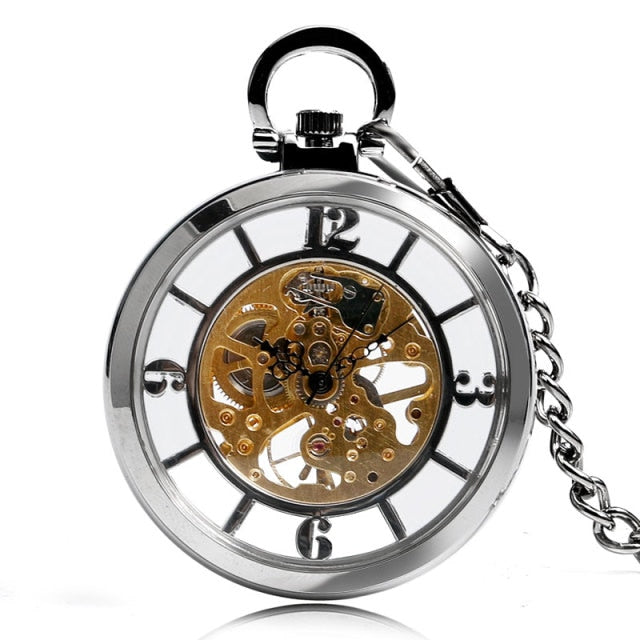 Transparent Open Face Hollow Skeleton Mechanical Pocket Watch