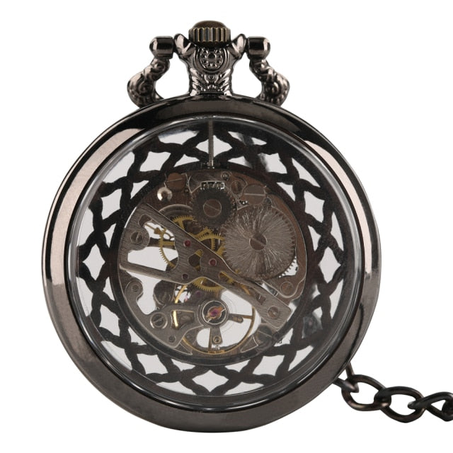 Transparent Open Face Hollow Skeleton Mechanical Pocket Watch