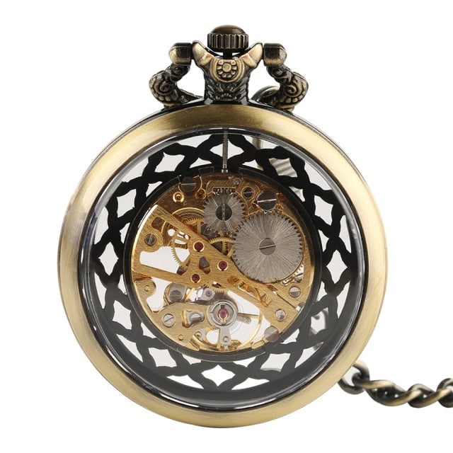 Transparent Open Face Hollow Skeleton Mechanical Pocket Watch