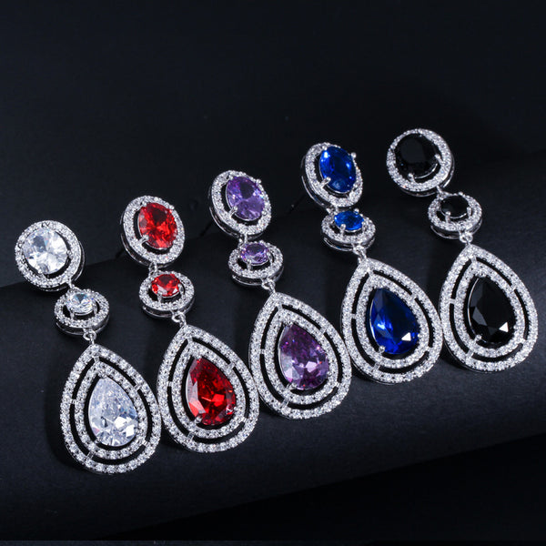 Long Halo Tear Drop Dark Blue Big Cubic Zirconia Stone Wedding Earrings