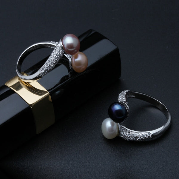 Anillos de doble perla en plata de ley 925