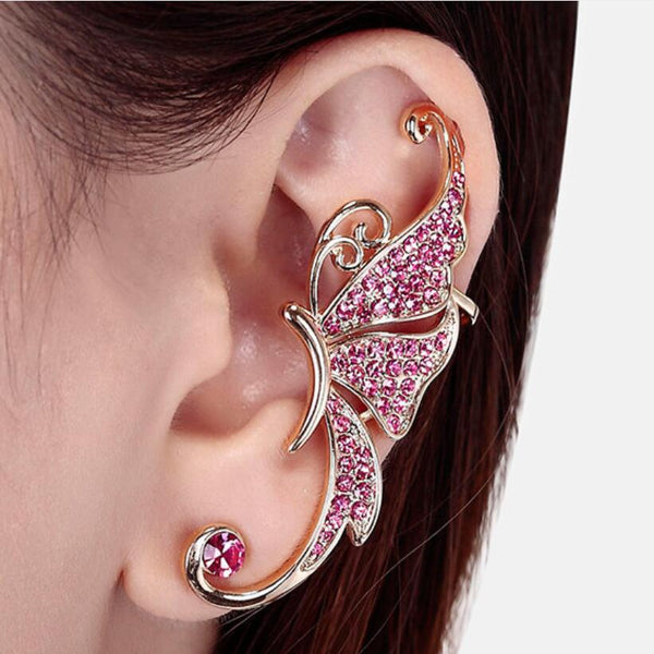 Pendientes Kuziduocai con clip para la oreja, diseño de mariposa y elfos con diamantes de imitación, para la oreja izquierda