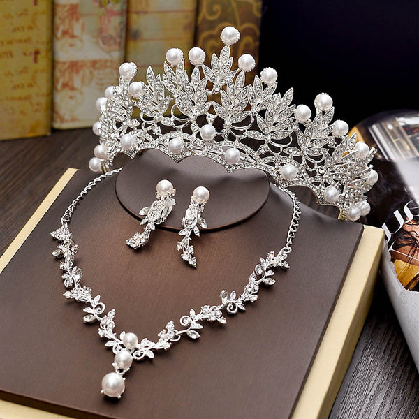 Conjuntos de joyas para el cabello con tiara, collar y pendientes de perlas de imitación para bodas