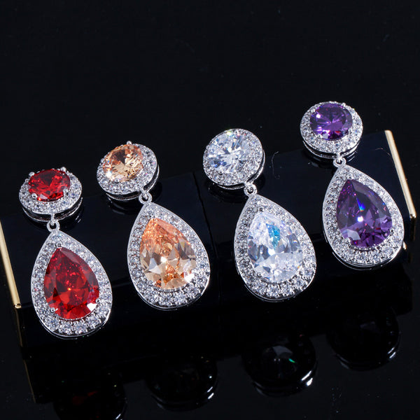 Long Tear Drop Silver Color Cubic Zirconia Stone Big Round Dangling Earrings