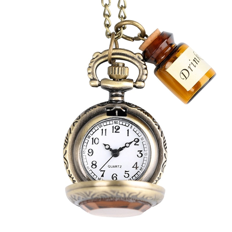 Small Pocket Watch Alice in Wonderland Drink Me Necklace Pendant