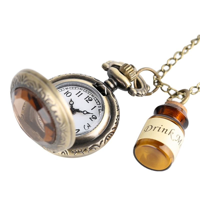 Small Pocket Watch Alice in Wonderland Drink Me Necklace Pendant