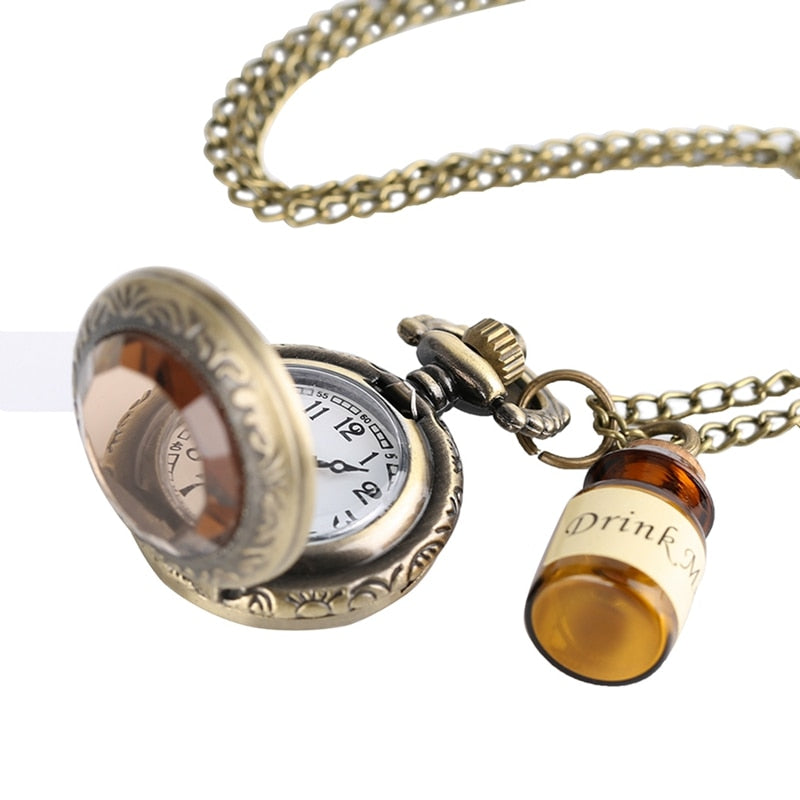 Small Pocket Watch Alice in Wonderland Drink Me Necklace Pendant