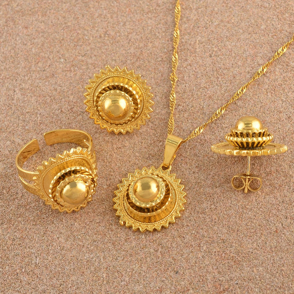 Gold Color Ethiopian Necklace Earrings Ring ewellery sets