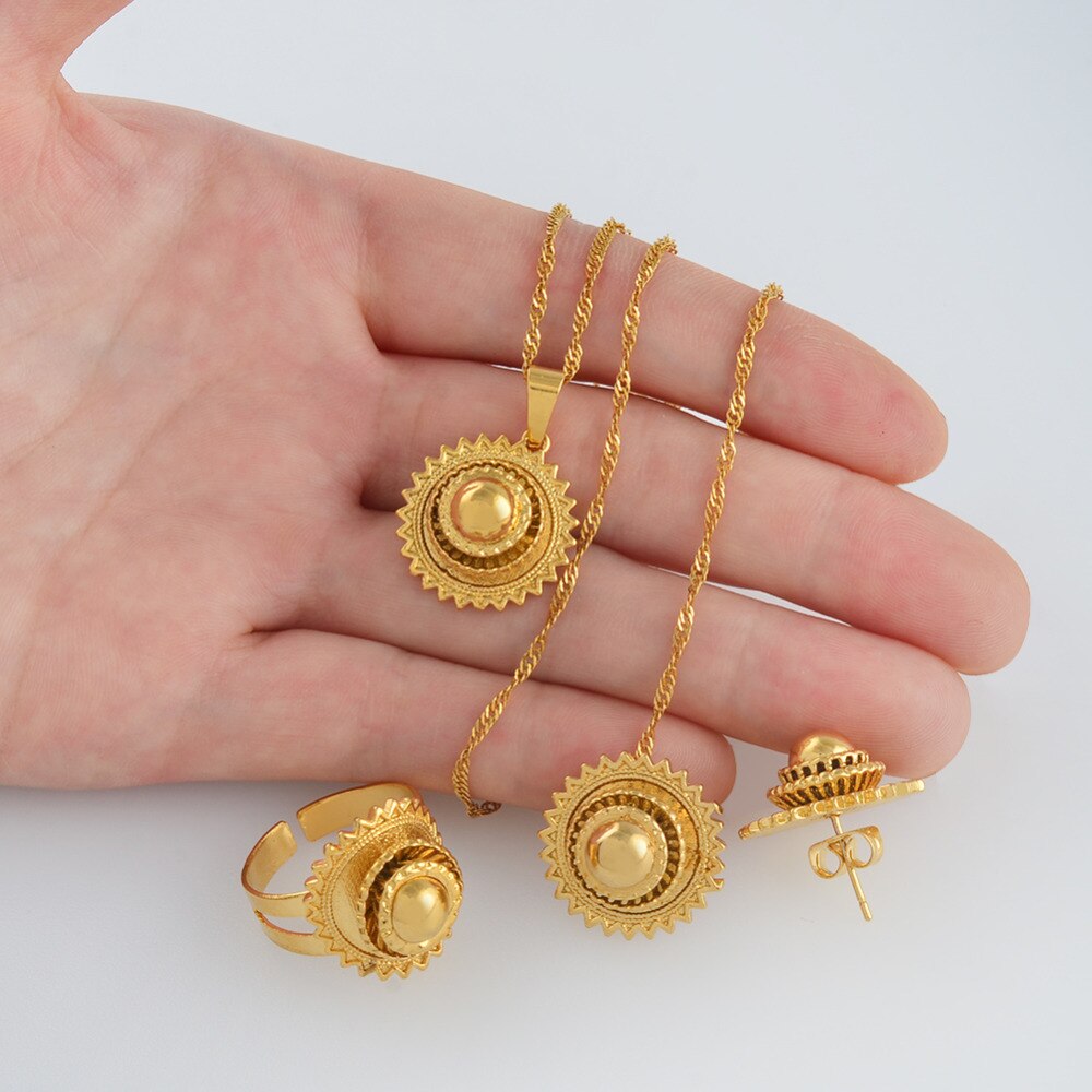 Gold Color Ethiopian Necklace Earrings Ring ewellery sets