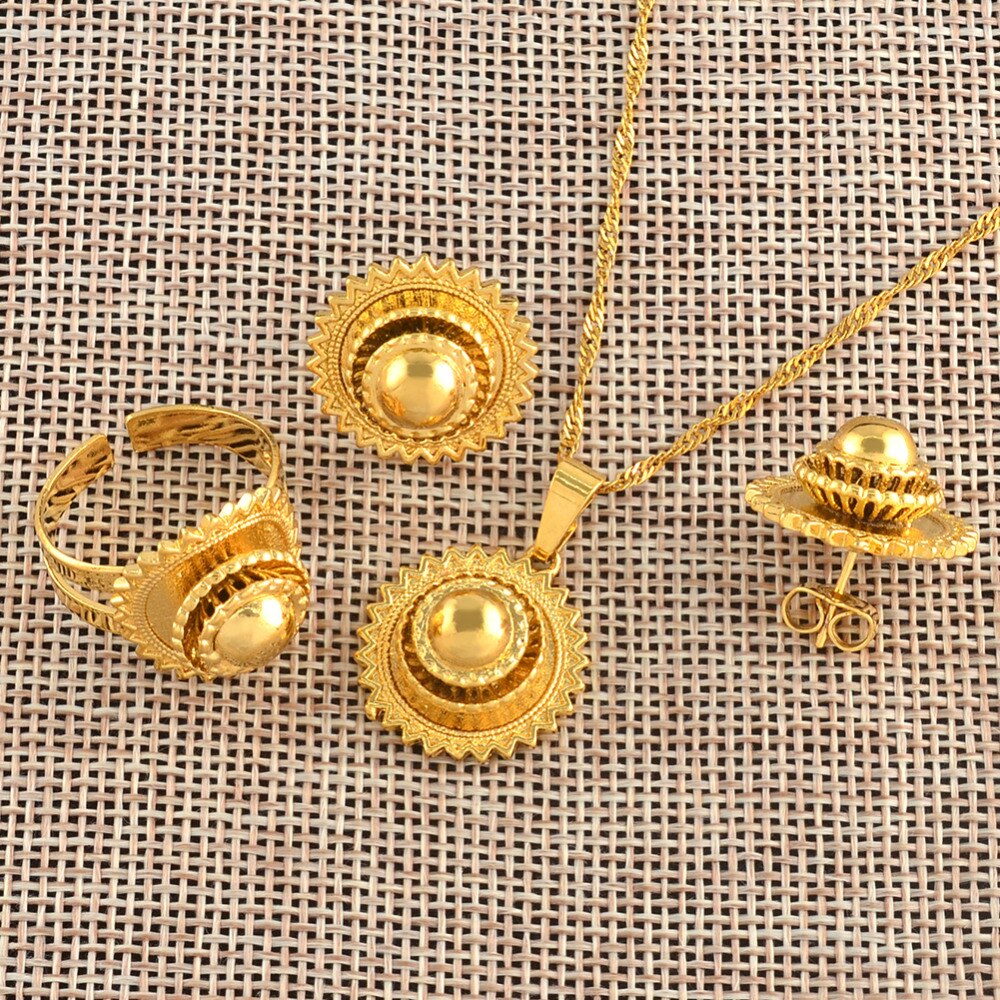Gold Color Ethiopian Necklace Earrings Ring ewellery sets