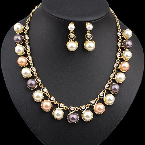 Faux Pearls Rhinestone Chain Necklace Earrings Jewelry Set