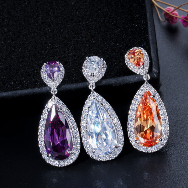 Silver Color Big Cubic Zirconia Stone Pave Setting Long Dangle Drop Earrings