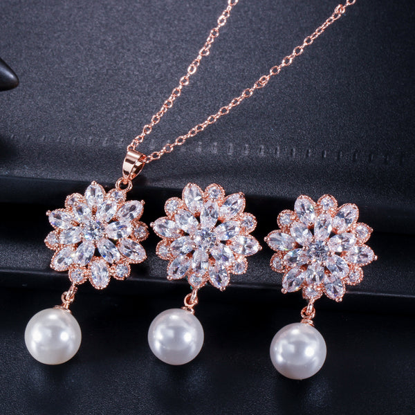 Conjunto de joyería con collar y pendientes de perlas de agua dulce con forma de copo de nieve grande y cristales de circonita cúbica para mujer.
