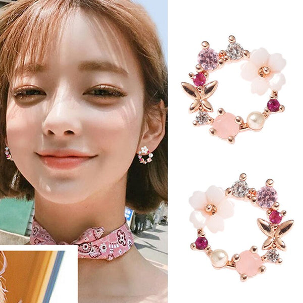 Elegantes pendientes coreanos con forma de flor de diamantes de imitación y pequeños círculos redondos con clip
