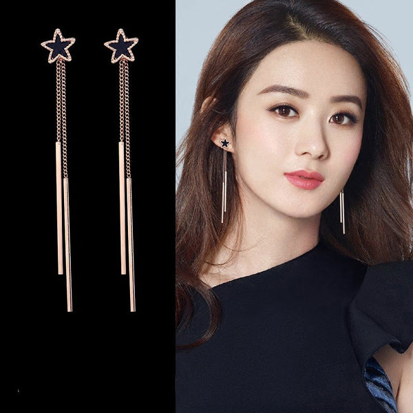 Korea Style Double Long Tassel Star Shape Clip on Earring Without Piercing