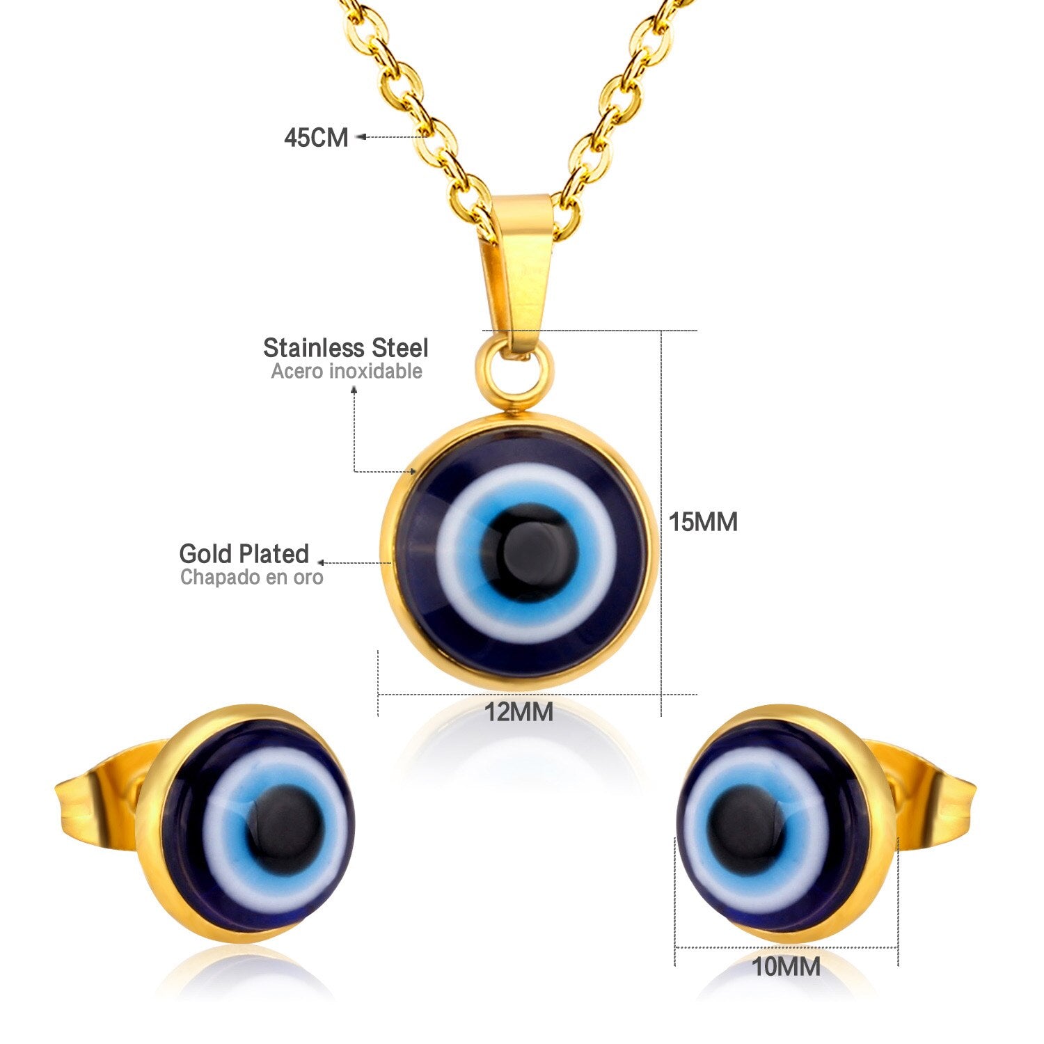 Lucky Blue Eyes Pendant Necklace Earring Dubai Gold Jewellery Set