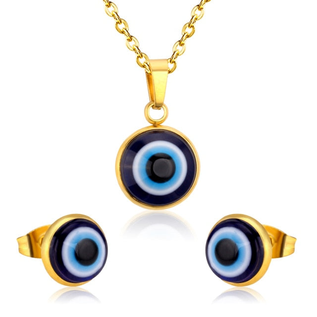 Lucky Blue Eyes Pendant Necklace Earring Dubai Gold Jewellery Set