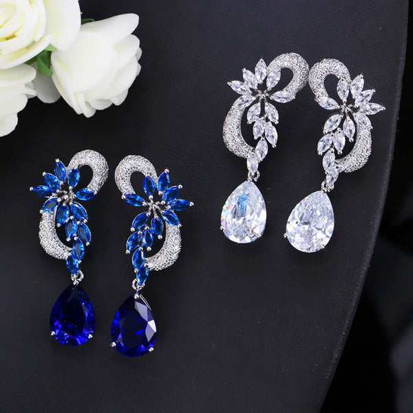 Fashion Big Flower Shape Blue Cubic Zirconia Long Earrings