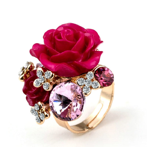 7 colors Resin Crystal Rose Flower Gold-Color Adjustable Women  Rings