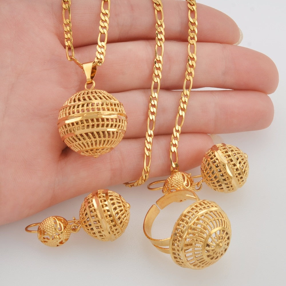 African Beads   Women Gold Color Round Ball Chains Jewelry Sets