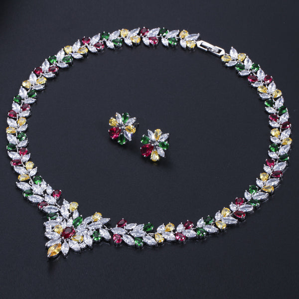 Multicolored Cubic Zirconia Crystal Choker Wedding Necklace Bridal Jewelry Sets