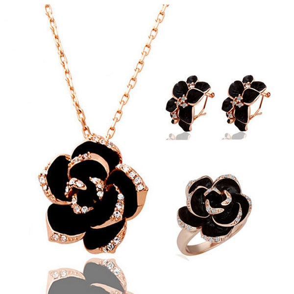 rose flower necklace earrings ring Jewelry Sets