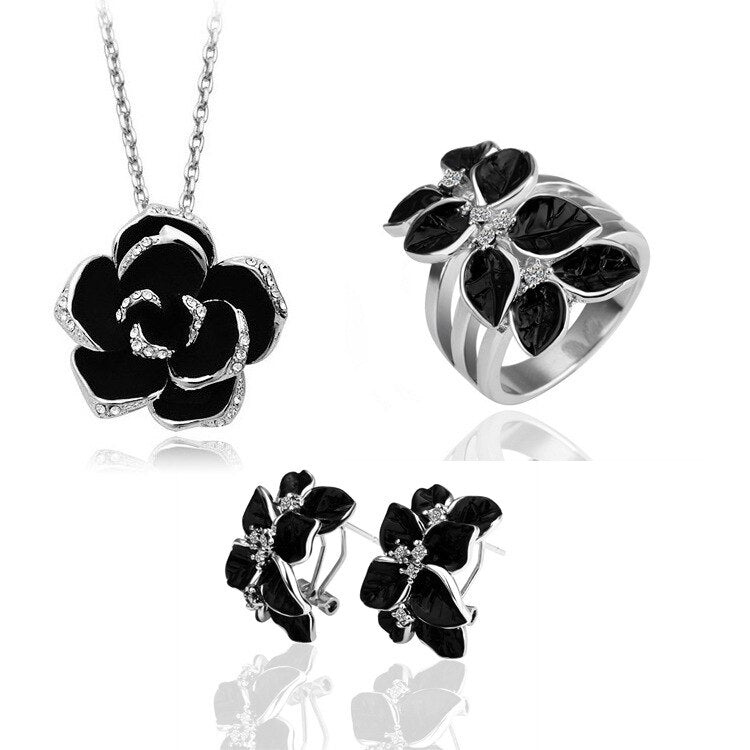 rose flower necklace earrings ring Jewelry Sets