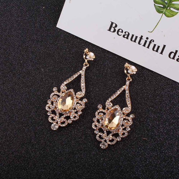 Pendientes largos de cristal de lujo con clip sin perforar