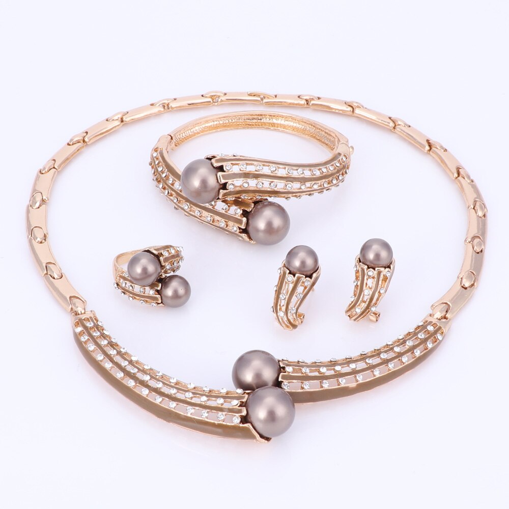 Women Simulated Pearl Crystal Necklace Earrings Set