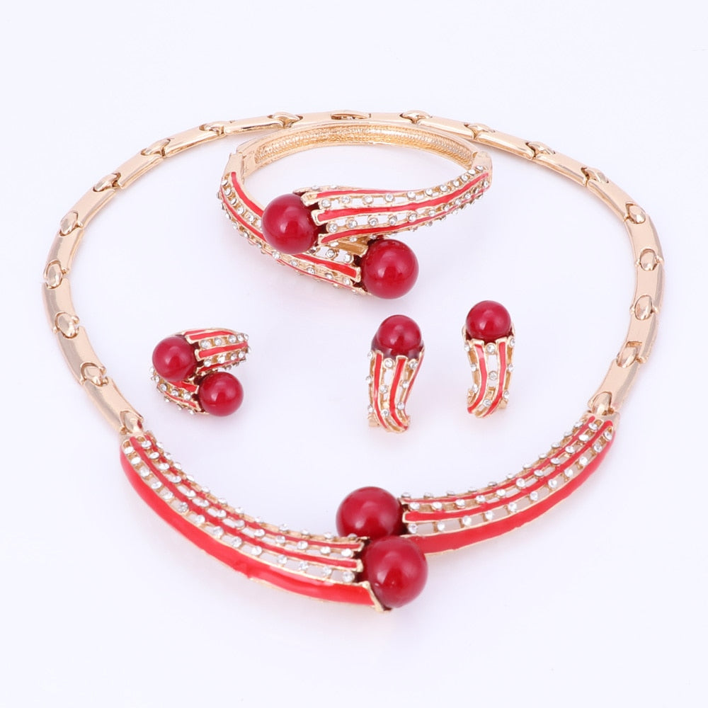 Women Simulated Pearl Crystal Necklace Earrings Set