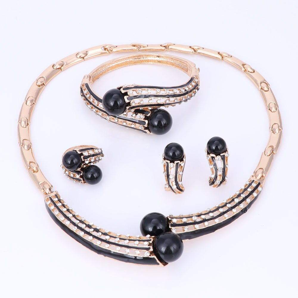 Women Simulated Pearl Crystal Necklace Earrings Set