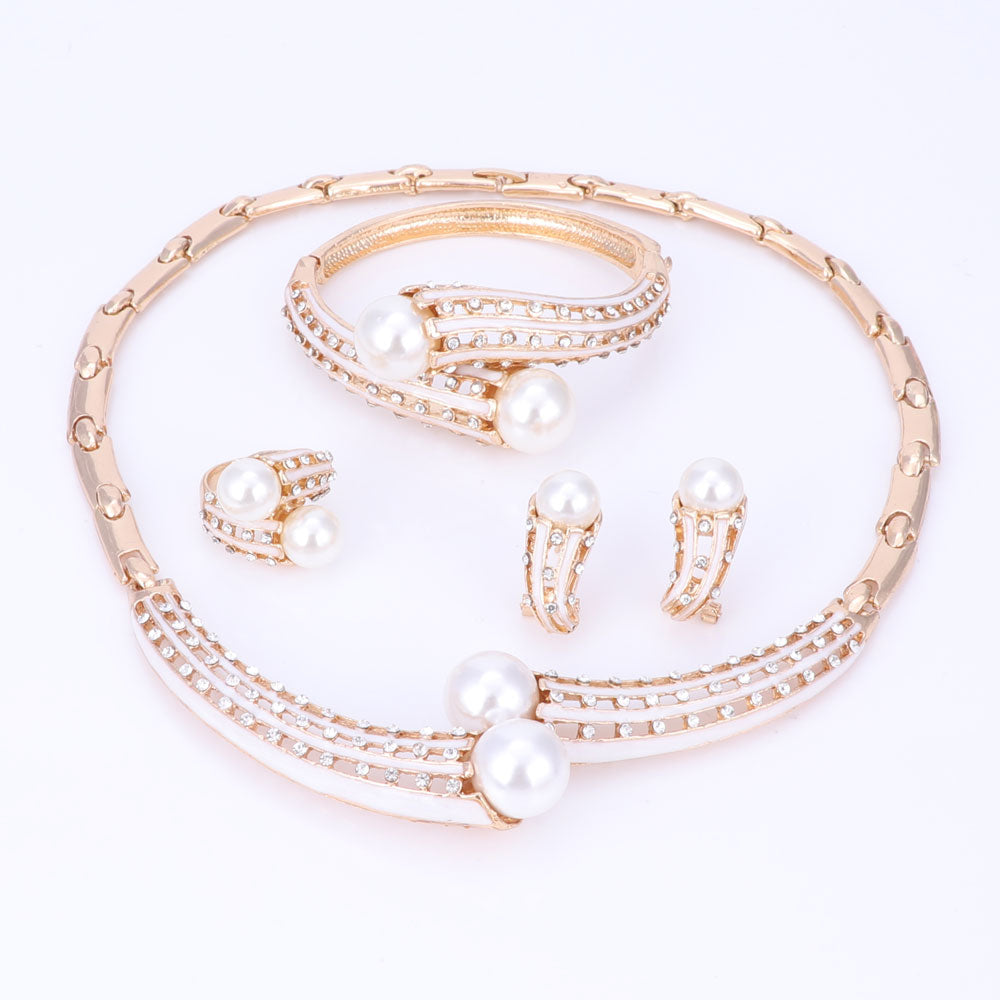 Women Simulated Pearl Crystal Necklace Earrings Set