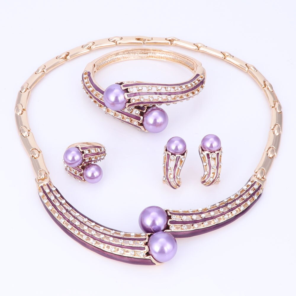 Women Simulated Pearl Crystal Necklace Earrings Set
