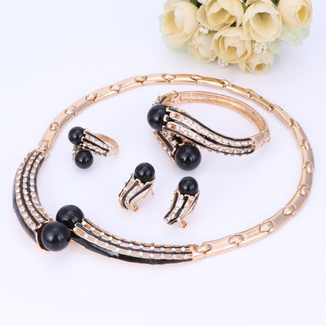 Women Simulated Pearl Crystal Necklace Earrings Set