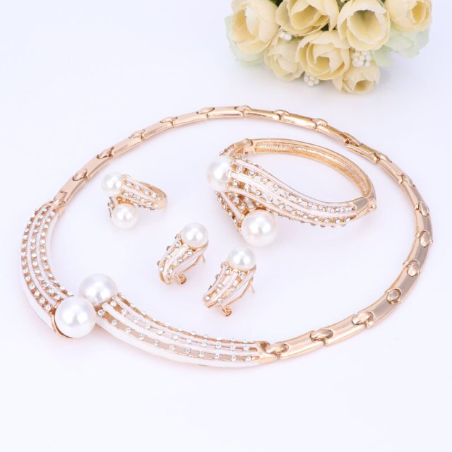 Women Simulated Pearl Crystal Necklace Earrings Set