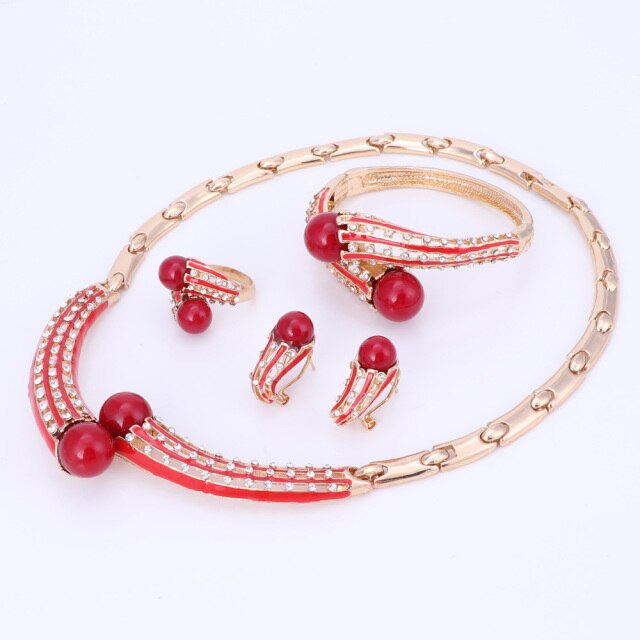 Women Simulated Pearl Crystal Necklace Earrings Set
