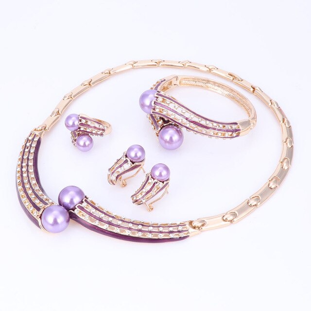 Women Simulated Pearl Crystal Necklace Earrings Set